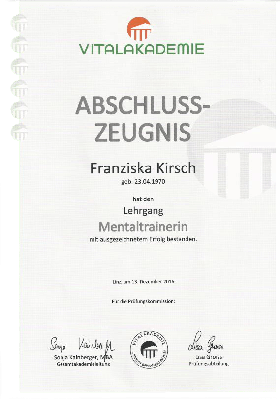 Vitalakademie Abschlusszeigniss Franziska Kirsch